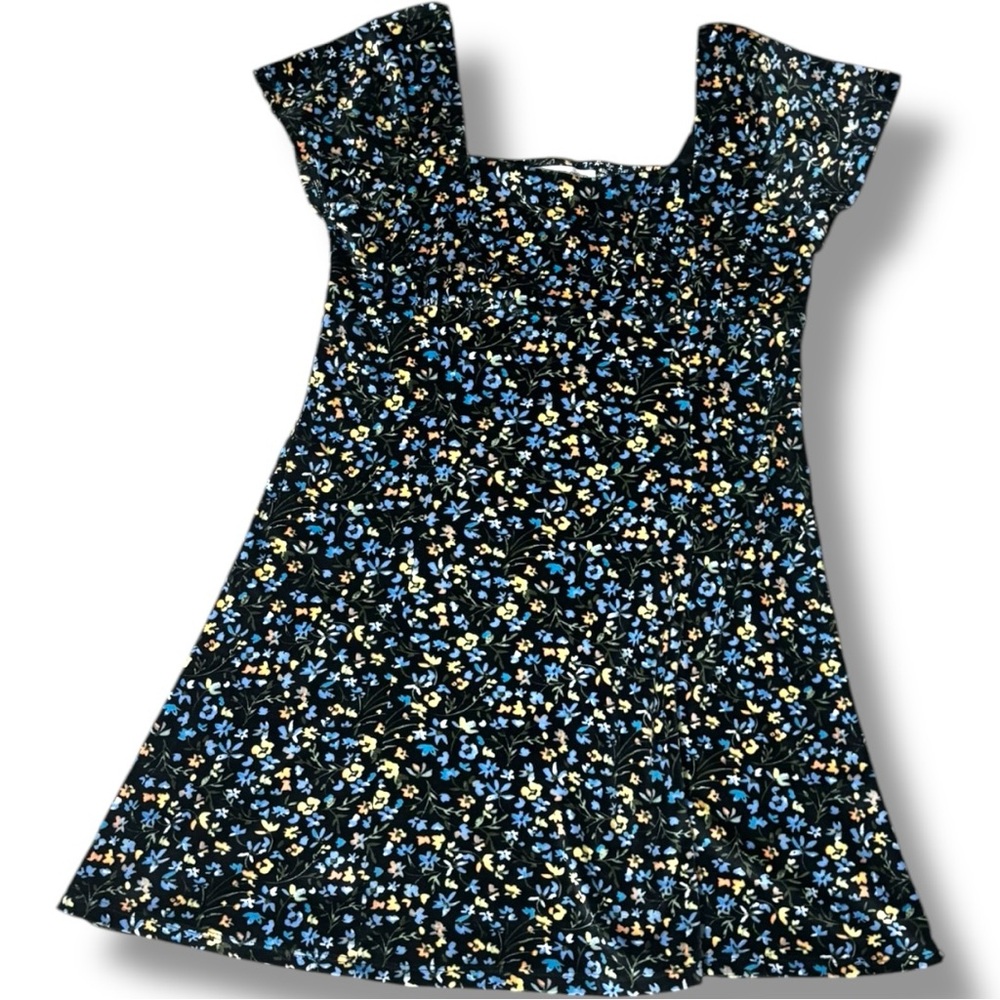 Planet Gold Black Small Floral Print Velvet Short Cap Sleeves Flared Mini Dress - Picture 12 of 16